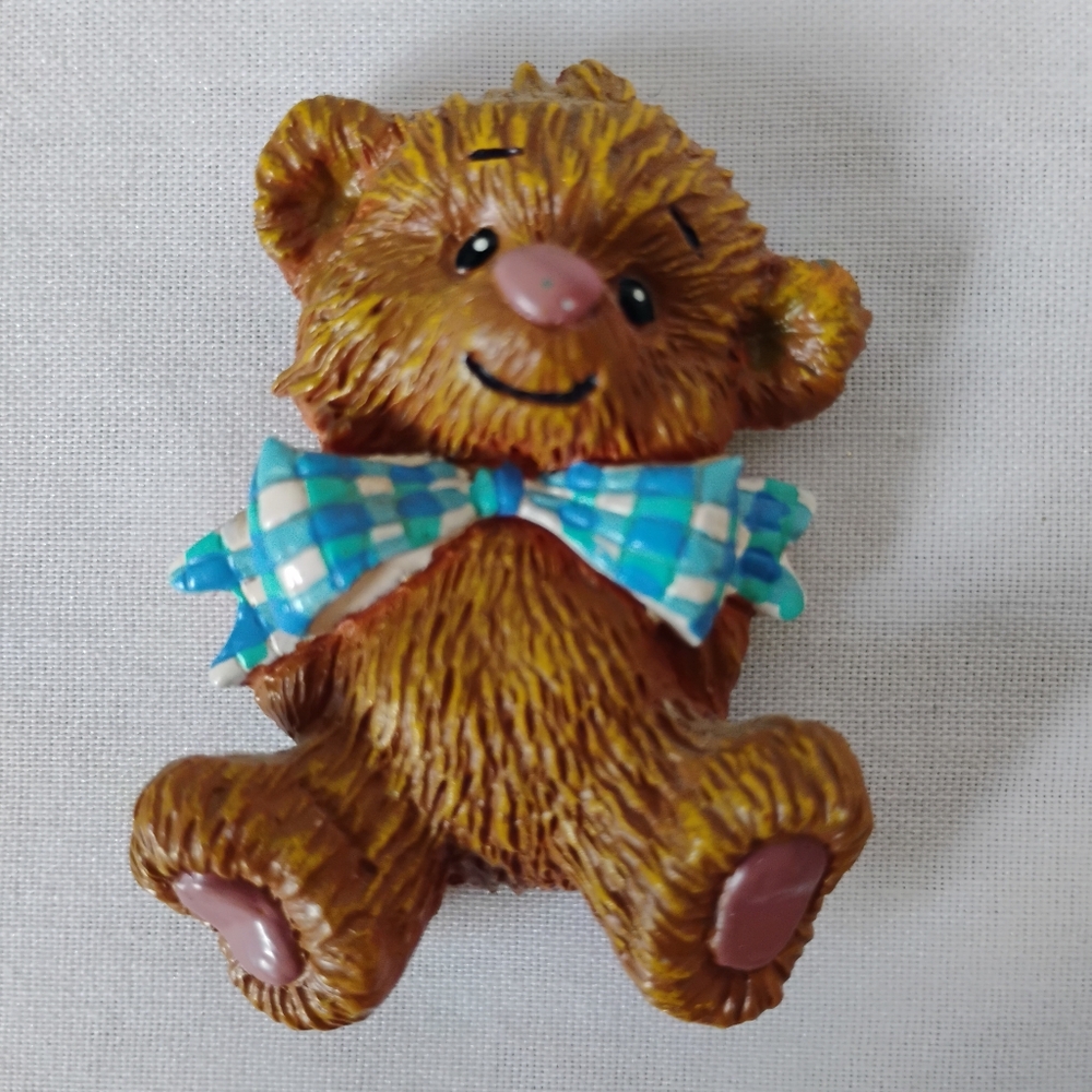 Small Vintage 3D Teddy Bear Refrigerator Magnet Checkered Blue Bowtie Animal